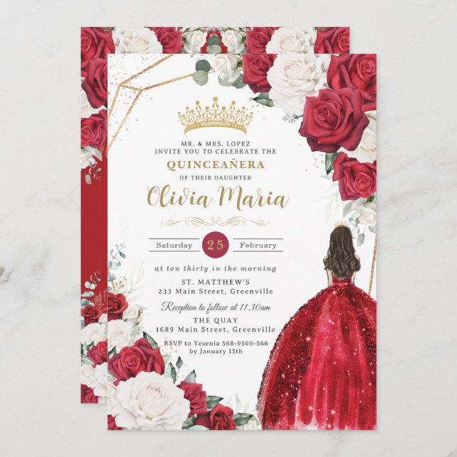 Blush Floral White Dress Princess Gold Quinceañera Invitation (Front/Back)