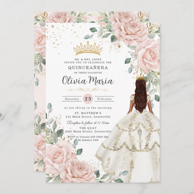 Blush Floral White Dress Princess Gown Quinceañera Invitation (Front/Back)