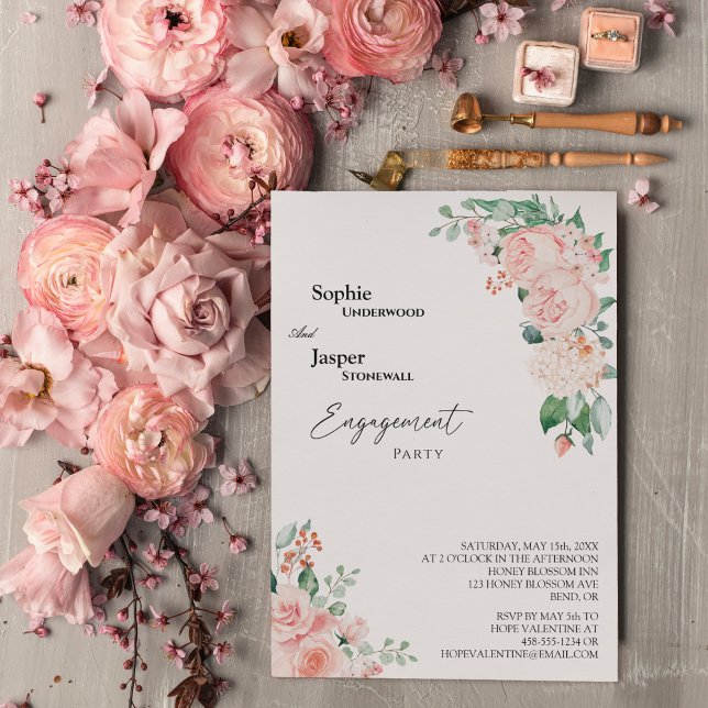 Blush Floral White Engagement Party Invitation (Creator Uploaded)