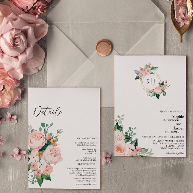 Blush Floral White Monogram All In One Wedding Invitation (Creator Uploaded)