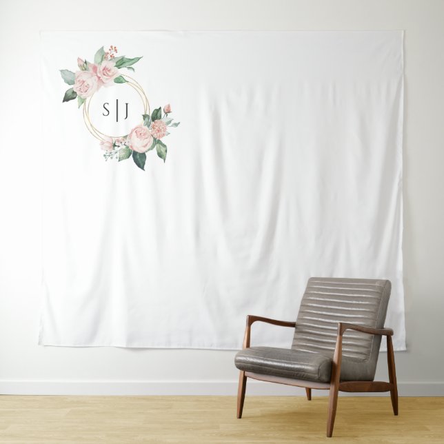 Blush Floral White Monogram Wedding Photo Backdrop Tapestry (In Situ (Horizontal))