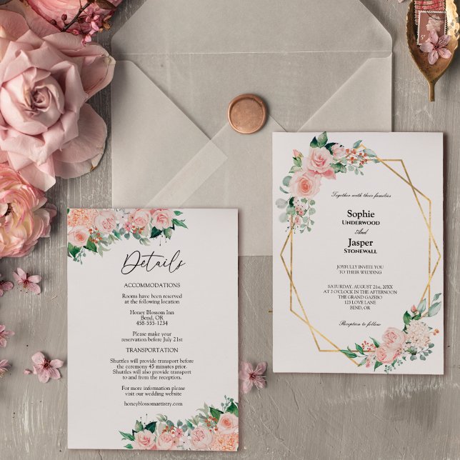Blush Floral White Simple All In One Wedding Invitation (Creator Uploaded)