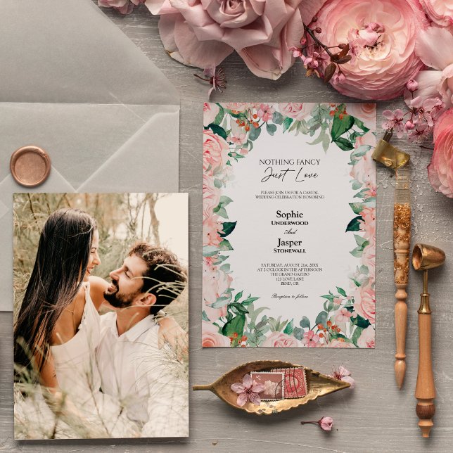 Blush Floral White Simple Nothing Fancy Photo Invitation (Creator Uploaded)