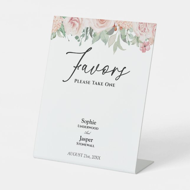 Blush Floral White Wedding Favours Pedestal Sign (Front)