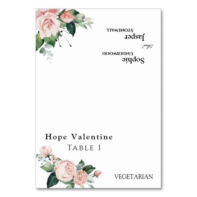 Blush Floral White Wedding Foldable Place Card (Front)
