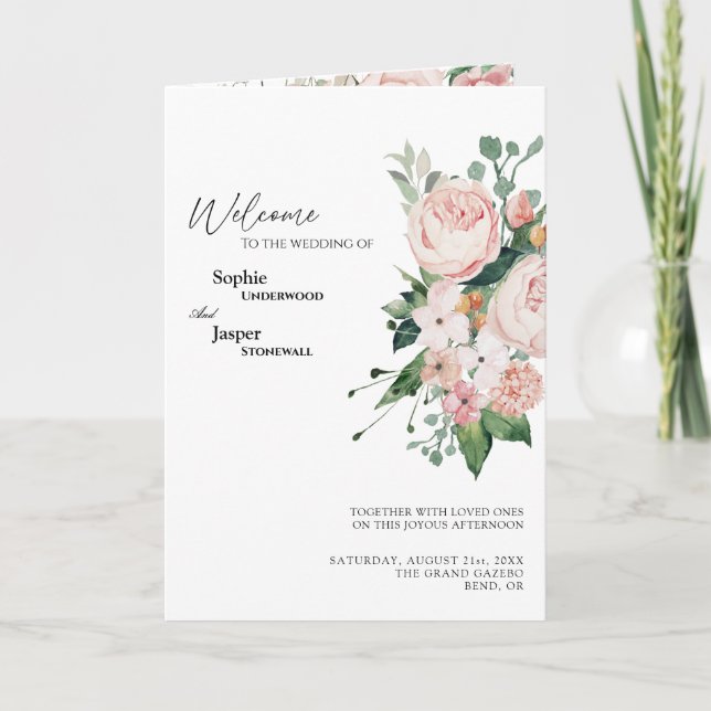 Blush Floral White Wedding Folded Program (Front)