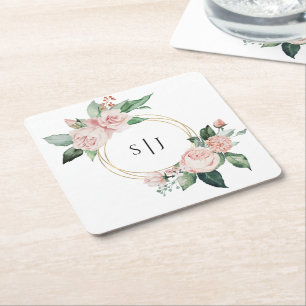 Blush Floral White Wedding Monogram Square Paper Coaster