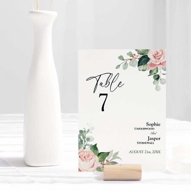 Blush Floral White Wedding Table Number Card (Creator Uploaded)