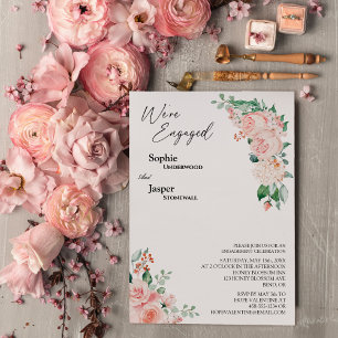 Blush Floral White We're Engaged Invitation