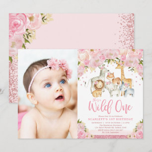 Blush Floral Wild Safari Animals Girl 1st Birthday Invitation
