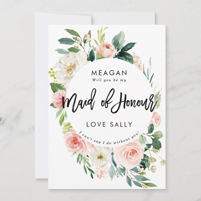 blush floral will you be my maid of honour card (Front)