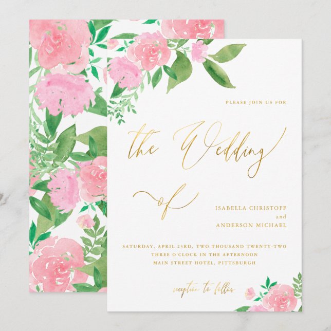 Blush Floral with Faux Gold Calligraphy Wedding Invitation (Front/Back)