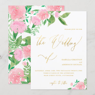 Blush Floral with Faux Gold Calligraphy Wedding Invitation