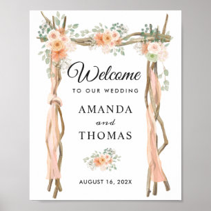 Blush Floral Wood Arch Wedding Welcome Sign