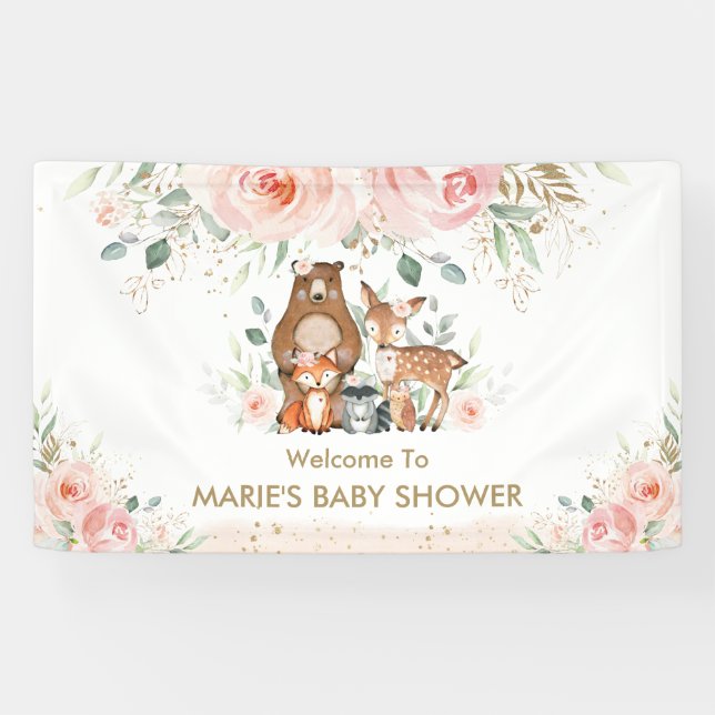 Blush Floral Woodland Animal Baby Shower Backdrop  Banner (Horizontal)