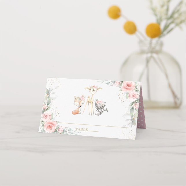 Blush Floral Woodland Animals Baby Shower Birthday Place Card (Front)