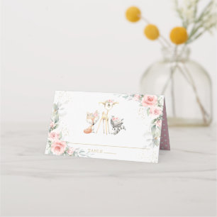 Blush Floral Woodland Animals Baby Shower Birthday Place Card