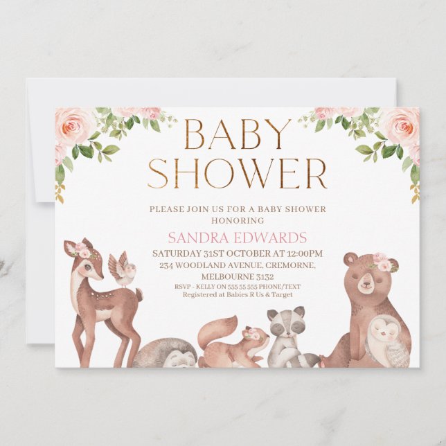 Blush Floral Woodland Animals Baby Shower  Invitation (Front)