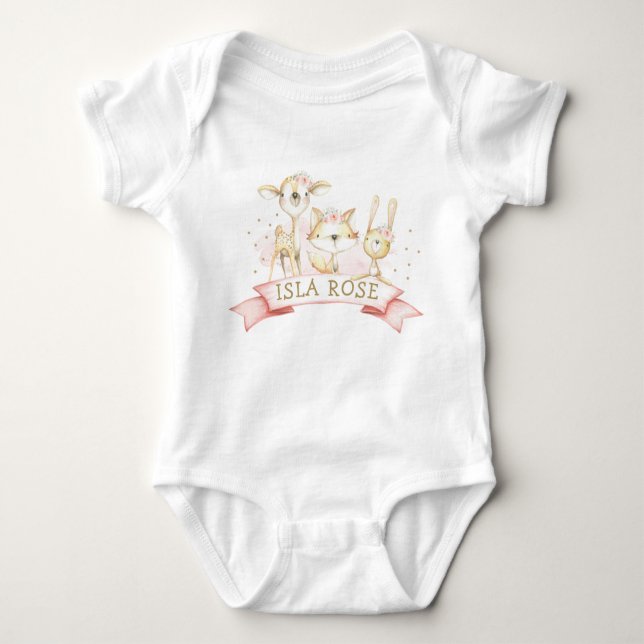 Blush Floral Woodland Animals Girl Custom Name Baby Bodysuit (Front)