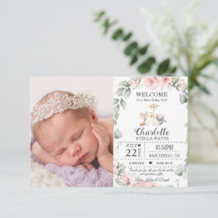 Blush Floral Woodland Animals New Baby Photo Birth Announcement