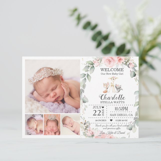 Blush Floral Woodland Animals New Baby Photo Birth Announcement (Standing Front)