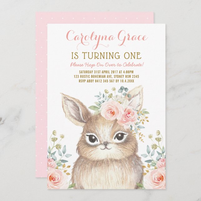 Blush Floral Woodland Bunny Rabbit 1st Birthday Invitation (Front/Back)