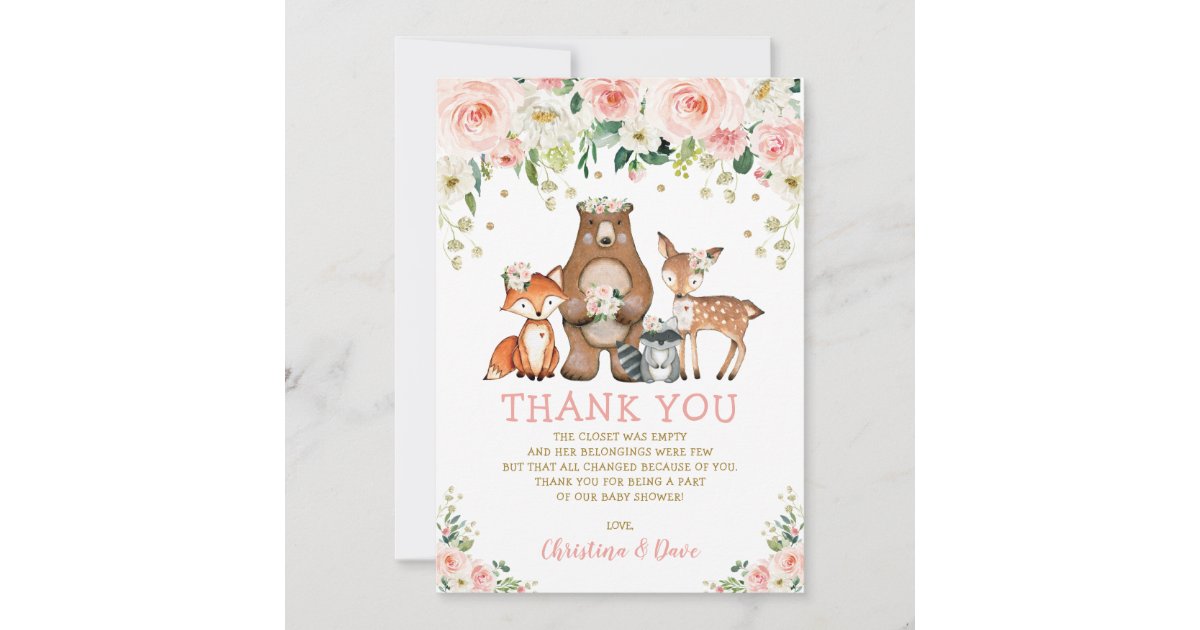 Blush Floral Woodland Forest Animals Baby Shower Thank You