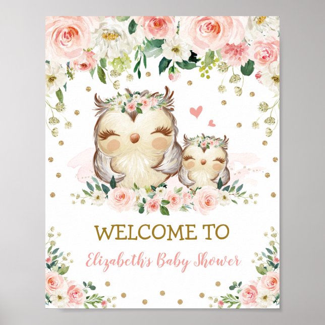 Blush Floral Woodland Owl Baby Shower Birthday Poster (Front)