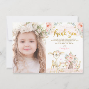 Blush Floral Woodland Wild Animals 1st Birthday Thank You Card