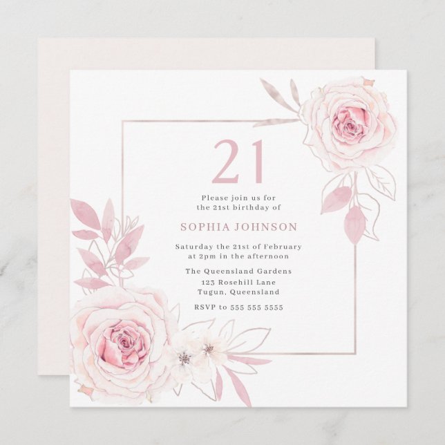 Blush Floral Wreath 21st Birthday Party Invitation (Front/Back)