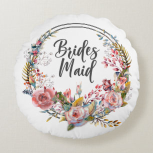 Blush Floral Wreath Bridesmaid Round Throw Pillow