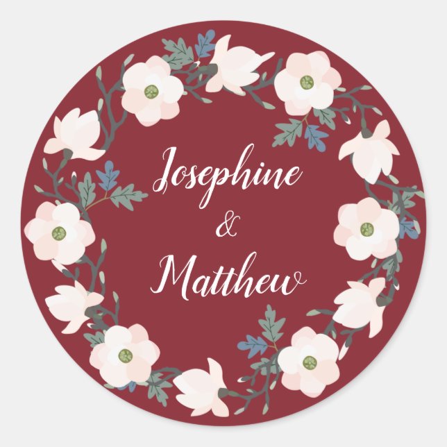 Blush Floral Wreath Burgundy Personalised Wedding Classic Round Sticker (Front)