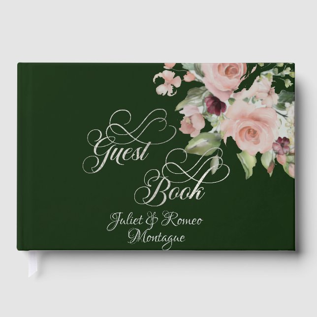 Blush Floral & Wreath - Emerald/Silver Guest Book (Front)