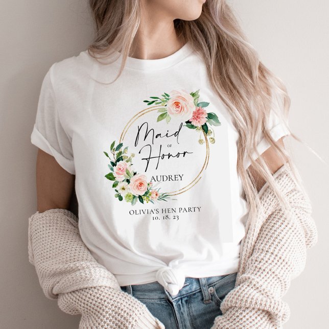 Blush Floral Wreath Maid Of Honour Personalised T-Shirt (Creator Uploaded)