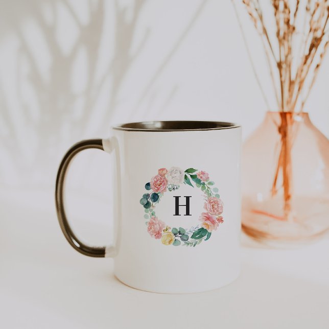 Blush Floral Wreath Monogram Coffee Mug (Creator Uploaded)
