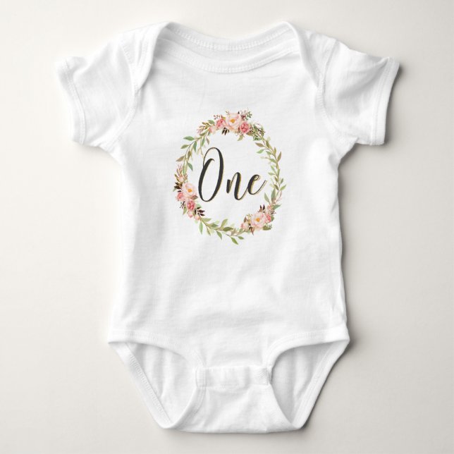 Blush Floral Wreath ONE 1st Birthday Girl Chic Baby Bodysuit (Front)