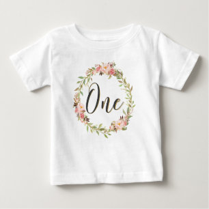 Blush Floral Wreath ONE 1st Birthday Girl Chic Baby T-Shirt