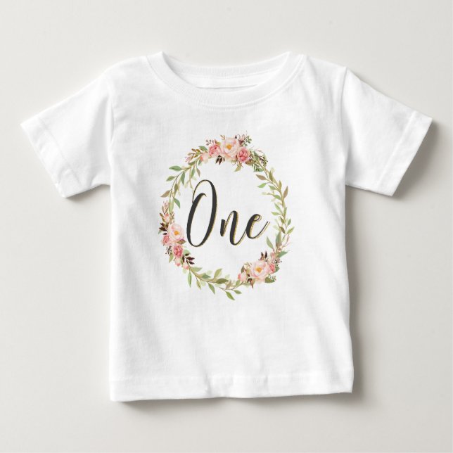 Blush Floral Wreath ONE 1st Birthday Girl Chic Baby T-Shirt (Front)