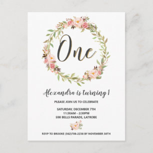 Blush Floral Wreath ONE 1st Birthday Invitation Postcard