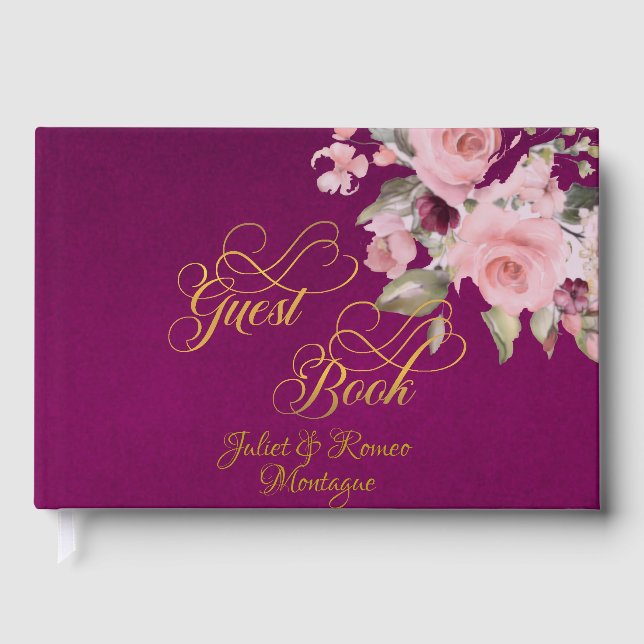 Blush Floral & Wreath - Purple/Gold Guest Book (Front)
