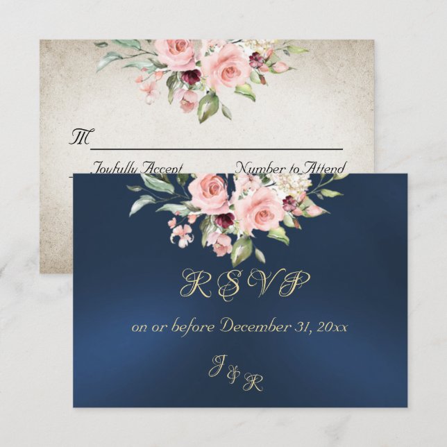 Blush Floral & Wreath RSVP - Blue Card (Front/Back)