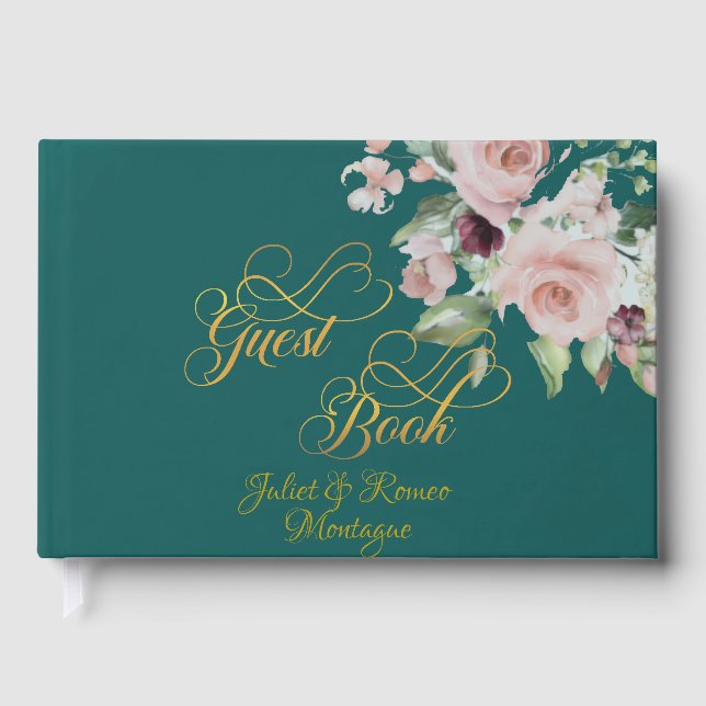 Blush Floral & Wreath - Teal/Gold Guest Book (Front)