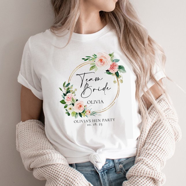 Blush Floral Wreath Team Bride personalised  T-Shirt (Creator Uploaded)