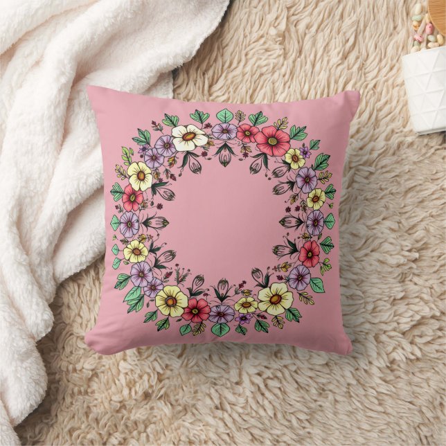 Blush Floral Wreath Throw Pillow (Blanket)