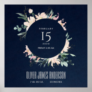 BLUSH FLORAL WREATH WATERCOLOR BABY BIRTH STATS POSTER