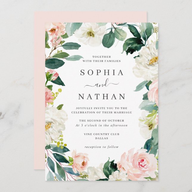 Blush Floral Wreath Wedding   Invitation (Front/Back)