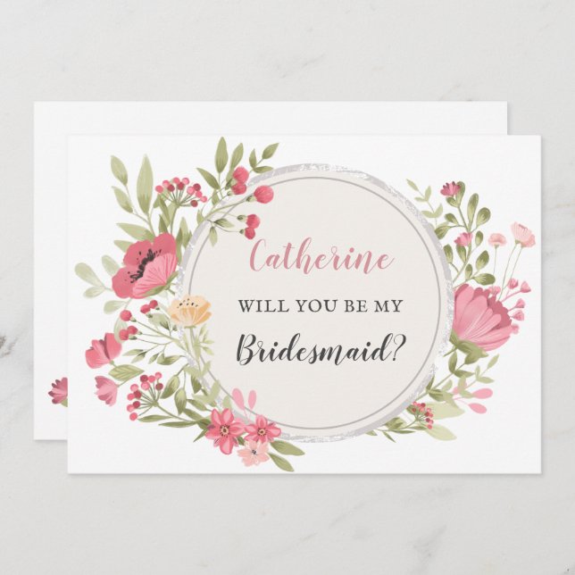 Blush Floral Wreath Will You Be My Bridesmaid Invitation (Front/Back)