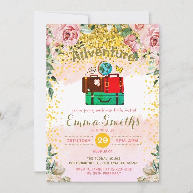Blush Florals Adventure Begins Birthday Luggage Invitation (Front)