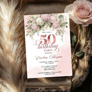 Blush Florals and Greenery Rose Gold 50th Birthday Invitation