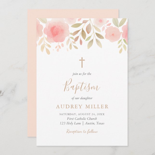 Blush Florals Cross Baptism Invitation (Front/Back)
